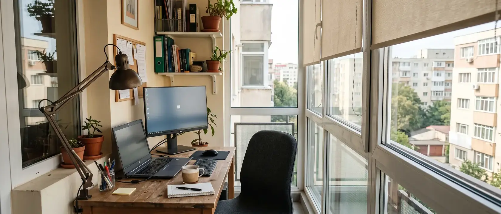 Capătul unui balcon închis transformat în birou, cu masă îngustă, monitor perpendicular pe geam, scaun și rulou pe jumătate coborât