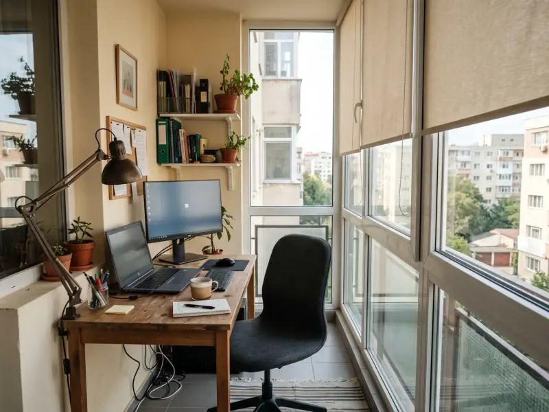 Capătul unui balcon închis transformat în birou, cu masă îngustă, monitor perpendicular pe geam, scaun și rulou pe jumătate coborât