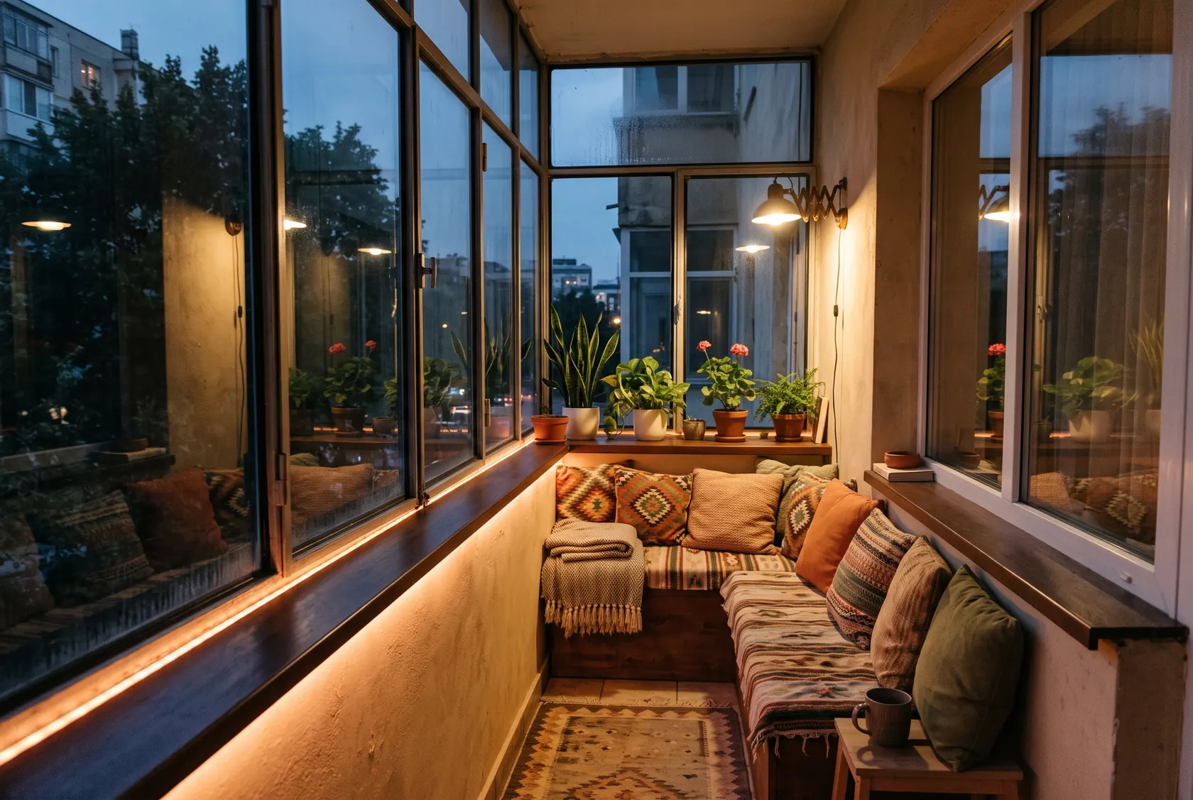 Balcon închis seara, cu bandă LED sub pervaz, banchetă joasă cu perne de-a lungul parapetului, lampă de perete și plante pe etajeră