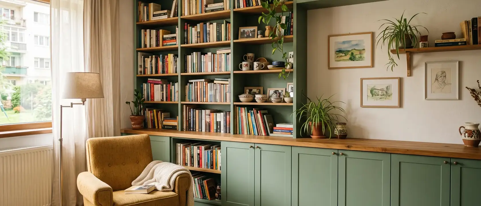 Perete de bibliotecă în living, cu corpuri joase închise și rafturi deschise cu cărți deasupra