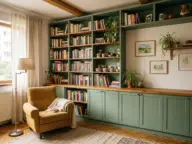 Perete de bibliotecă în living, cu corpuri joase închise și rafturi deschise cu cărți deasupra