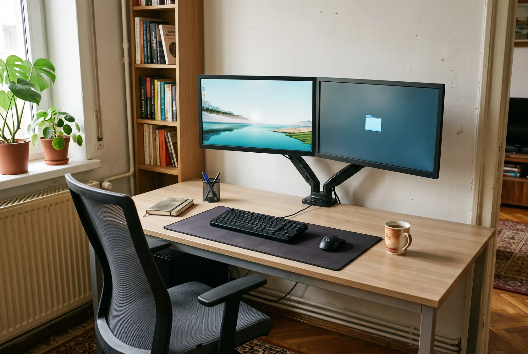 Birou de 160 cm cu două monitoare pe un braț comun, tastatură și mouse în față și scaun cu spătar din plasă