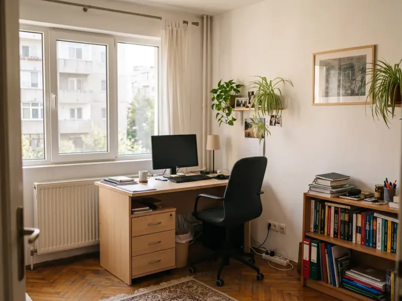 Cameră mică de lucru cu birou perpendicular pe fereastră, scaun de birou, corp cu sertare și bibliotecă joasă pe peretele opus