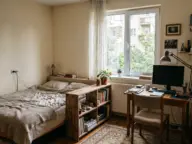 Dormitor cu birou îngust în colțul de lângă fereastră, cu spatele spre pat, monitor stins și etajeră joasă care desparte colțul