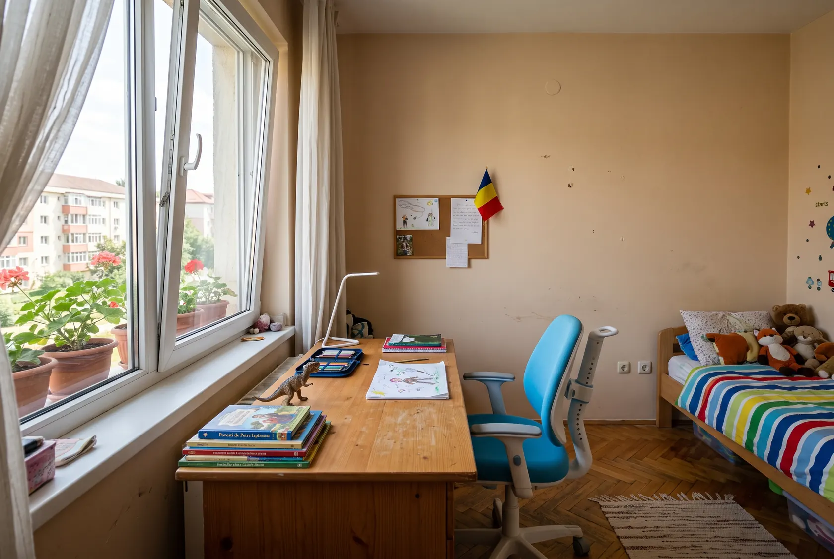 Birou de școlar perpendicular pe fereastră, cu lumina zilei din stânga, scaun reglabil și perete liber în față, patul în fundal