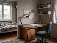 Birou de școlar așezat perpendicular pe fereastră, cu lampă articulată în stânga, rafturi deasupra și corp cu sertare
