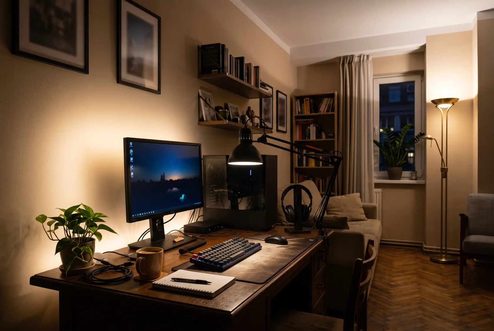 Birou seara, cu bandă LED caldă în spatele monitorului, lampa de birou coborâtă și o lampă de podea cu lumină spre tavan