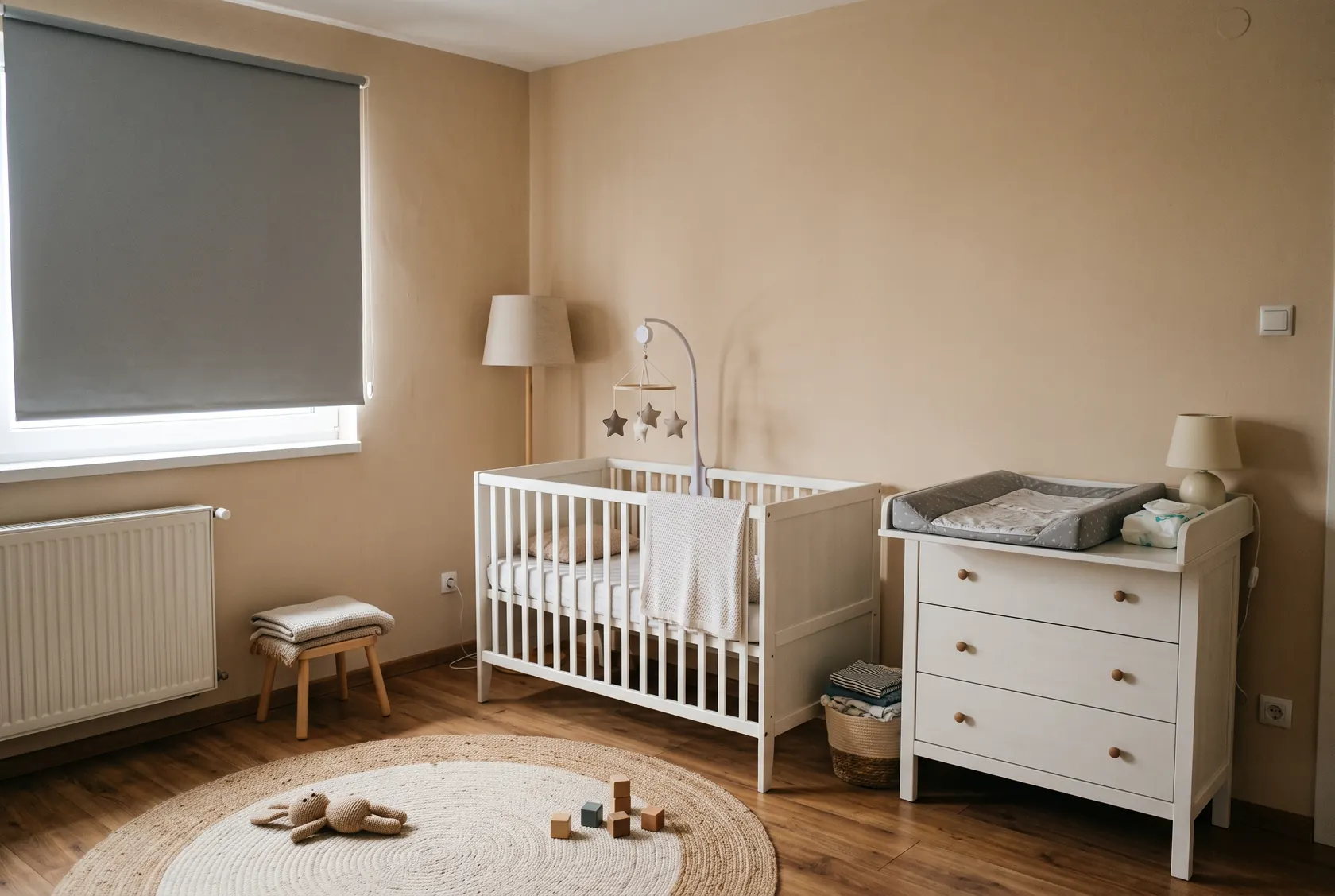 Cameră mică de bebeluș în bej cald, cu pătuț la peretele interior, comodă de înfășat ancorată, rulou opac și covor rotund moale
