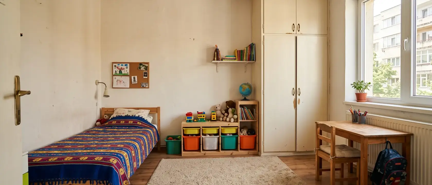 Cameră de copil luminoasă cu pat lângă perete, covor mare, rafturi joase cu cutii și dulap până în tavan în culoarea peretelui