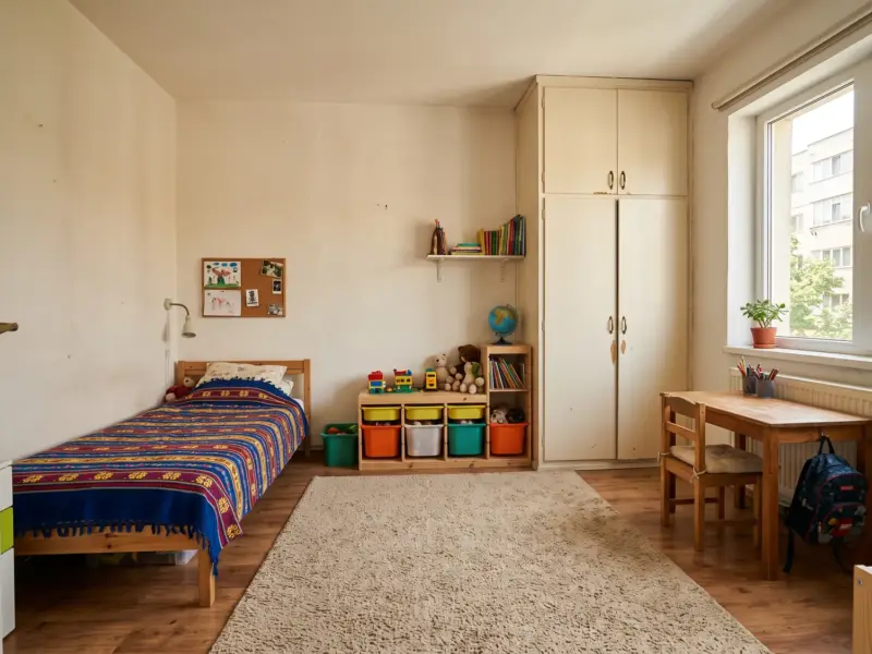 Cameră de copil luminoasă cu pat lângă perete, covor mare, rafturi joase cu cutii și dulap până în tavan în culoarea peretelui