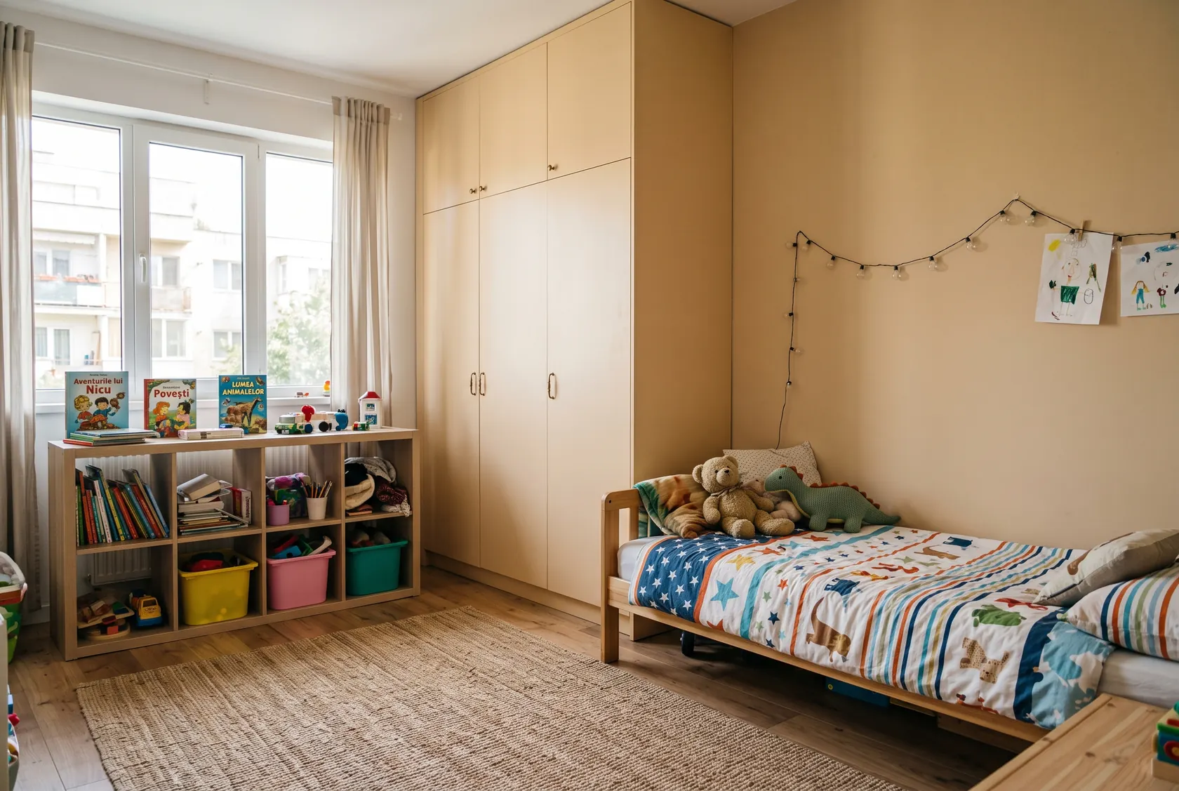 Cameră de copil cu patul lângă un perete plin, covor mare pe mijloc, rafturi joase cu cutii deschise și dulap până în tavan în culoarea peretelui