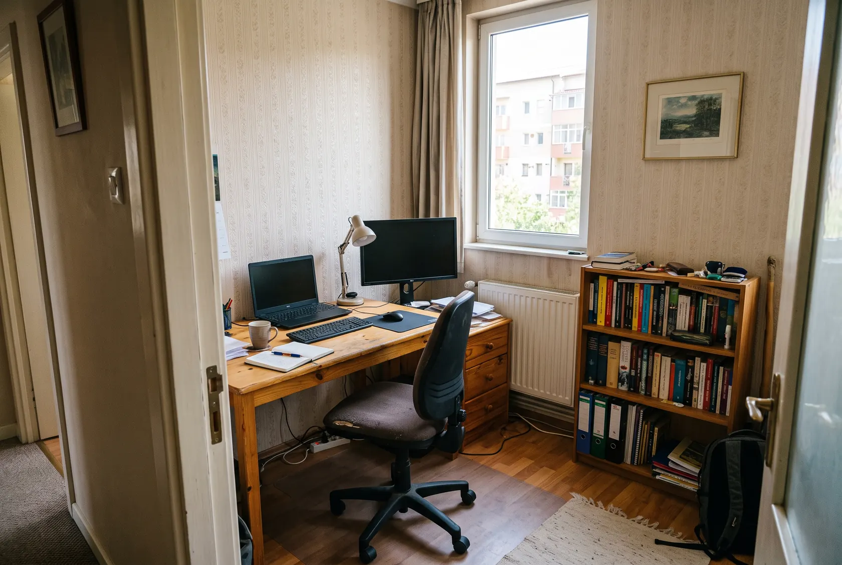 Cameră mică de lucru văzută de la ușă, cu birou perpendicular pe fereastră, scaun cu rotile, corp cu sertare și bibliotecă joasă