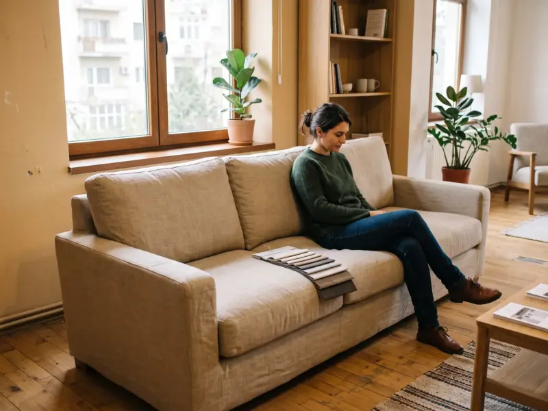 Canapea de trei locuri în showroom, testată stând cu spatele la spătar și picioarele pe podea