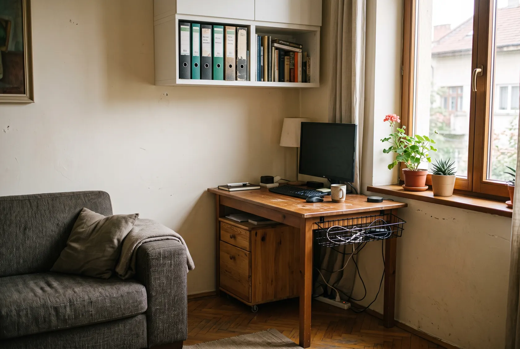 Colț de lucru în living cu birou îngust lângă fereastră, corp cu sertare pe rotile, tavă de cabluri sub masă și raft cu bibliorafturi