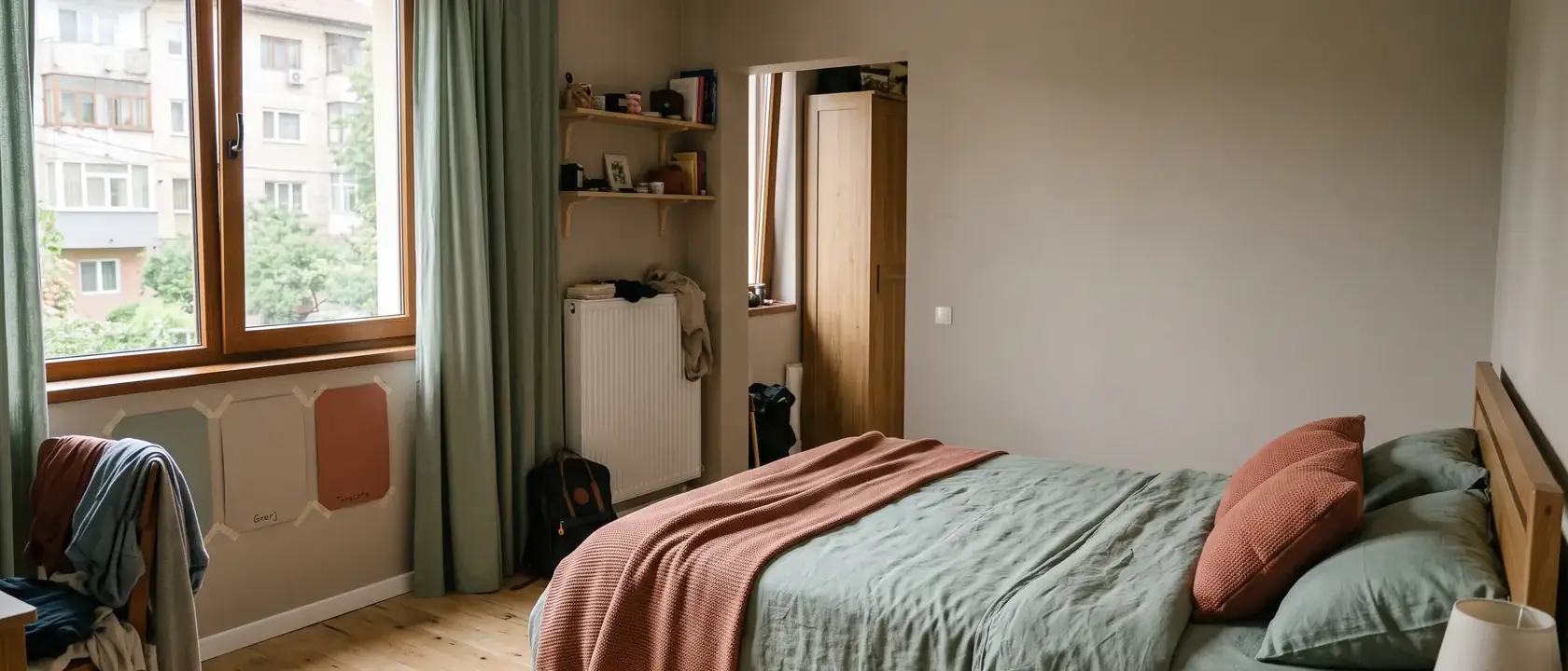 Dormitor în paletă pe trei niveluri, cu pereți bej-gri, textile verde-salvie și accente teracotă, mostre de vopsea pe perete