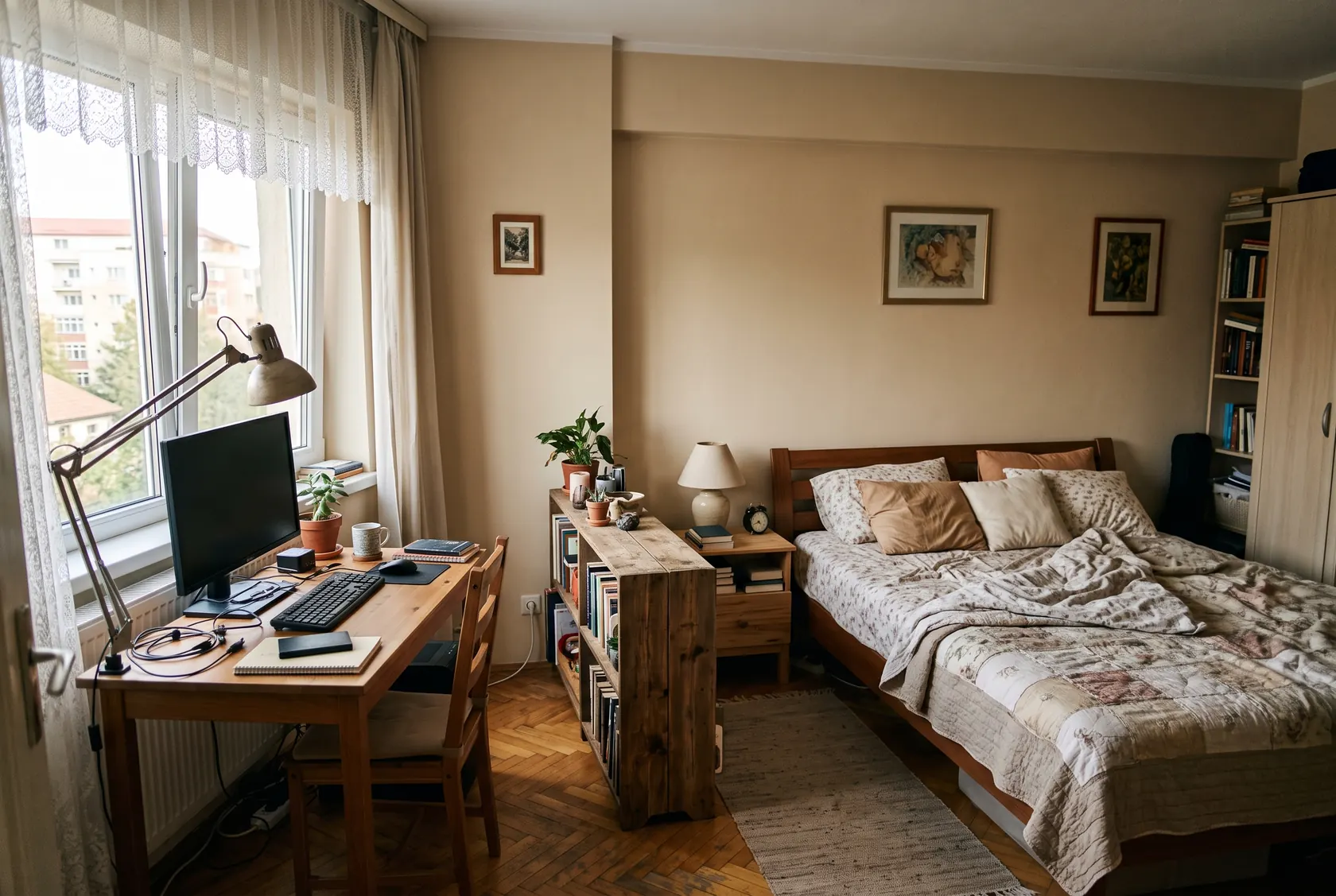 Dormitor cu birou îngust în colțul de lângă fereastră, întors cu spatele spre pat, monitor stins și etajeră joasă despărțitoare