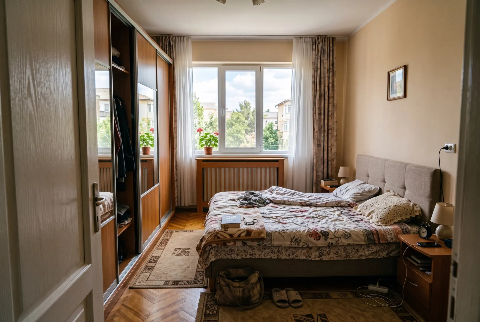 Dormitor văzut de la ușă, cu patul la peretele plin, noptiere pe ambele părți și culoar liber spre dulap