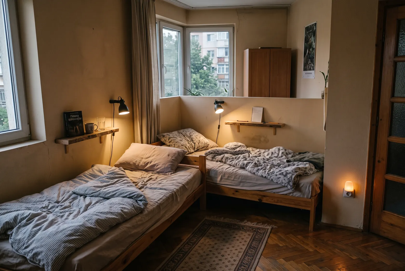 Două paturi simple în L cu aplică orientabilă deasupra fiecărei perne, raft scurt la fiecare pat și lumină de veghe jos lângă ușă