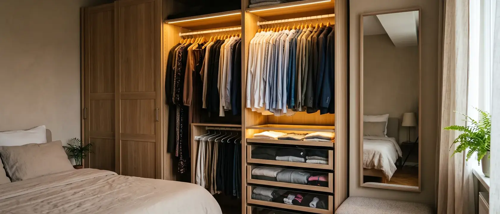 Dressing cu dulapuri până în tavan, ușă glisantă deschisă, bare suprapuse, sertare și bandă LED în interior