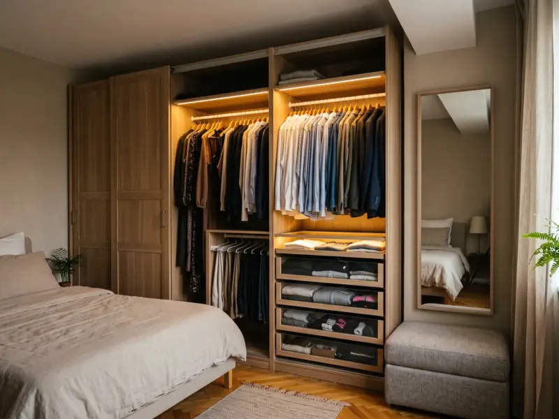 Dressing cu dulapuri până în tavan, ușă glisantă deschisă, bare suprapuse, sertare și bandă LED în interior