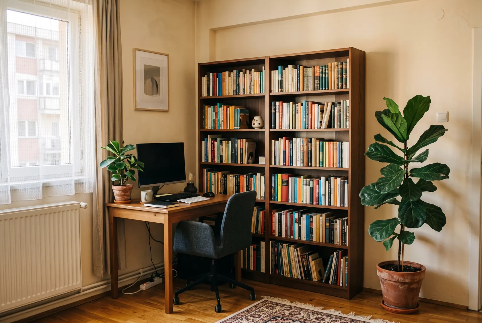 Colț de living cu birou mic și, în spate, o bibliotecă ordonată cu cărți aliniate și câteva goluri, plantă înaltă în lateral