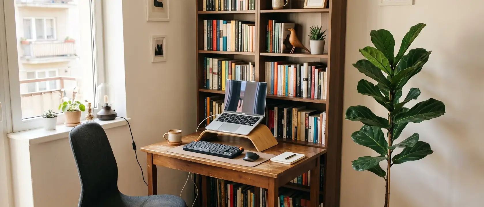 Colț de living cu birou mic, bibliotecă ordonată în spate, plantă înaltă și laptop ridicat pe suport pentru apeluri video