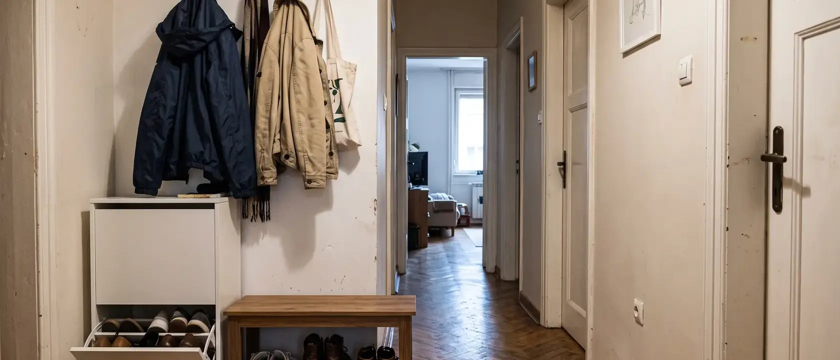 Hol îngust de bloc cu pantofar puțin adânc, cârlige și banchetă pe o latură, peretele opus liber și parchet continuat din living