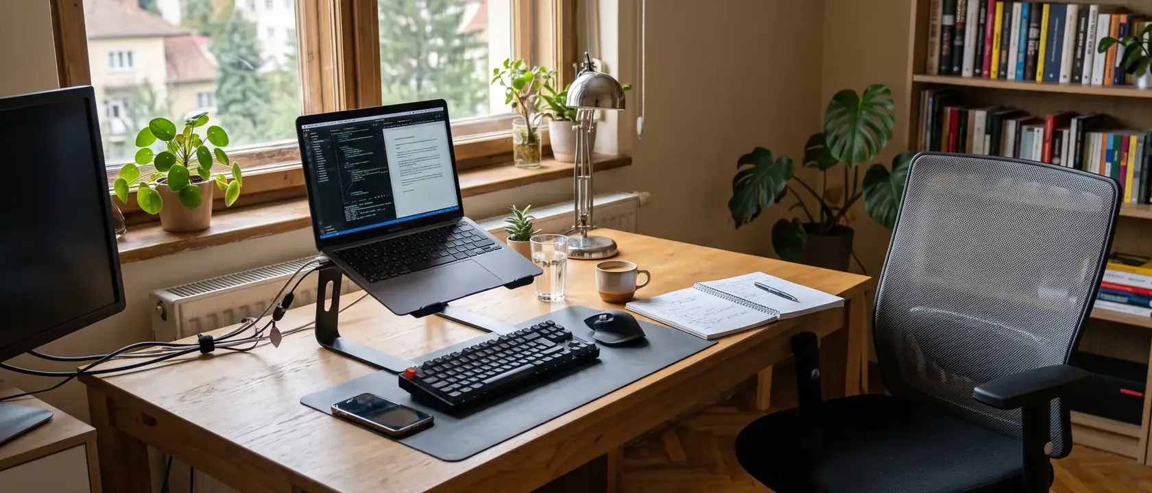 Laptop ridicat pe suport la înălțimea ochilor, tastatură și mouse externe și scaun de birou cu spătar din plasă