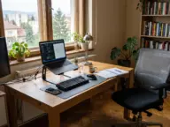 Laptop ridicat pe suport la înălțimea ochilor, tastatură și mouse externe și scaun de birou cu spătar din plasă