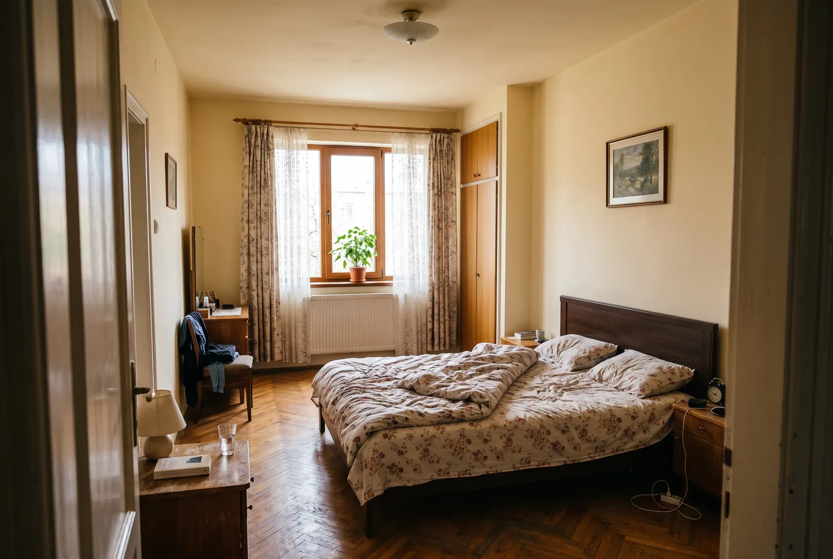 Pat cu tăblia la peretele lateral plin, în diagonală față de ușă, cu noptiere și culoare libere