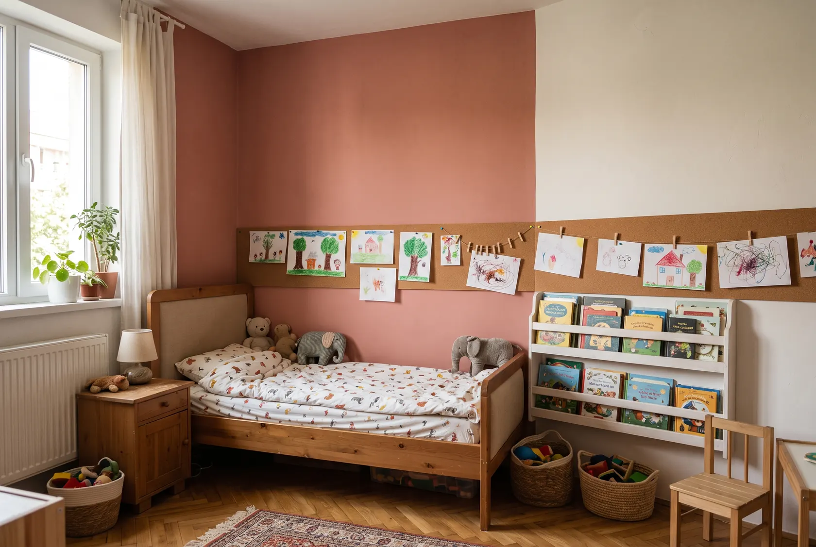 Perete de accent într-o culoare caldă stinsă în spatele patului de copil, fâșie de plută cu desene și raft îngust cu cărți cu coperta în față