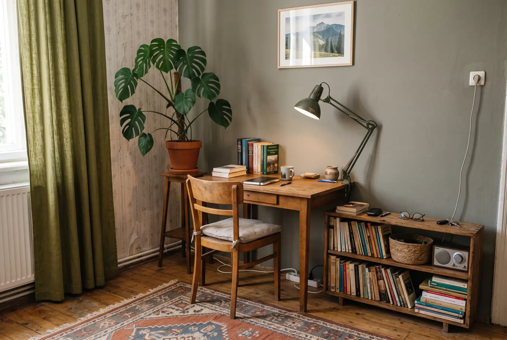 Perete vopsit verde-gri mat în spatele unui birou mic, bibliotecă joasă, lampă orientabilă spre scaun, covor și draperie groasă