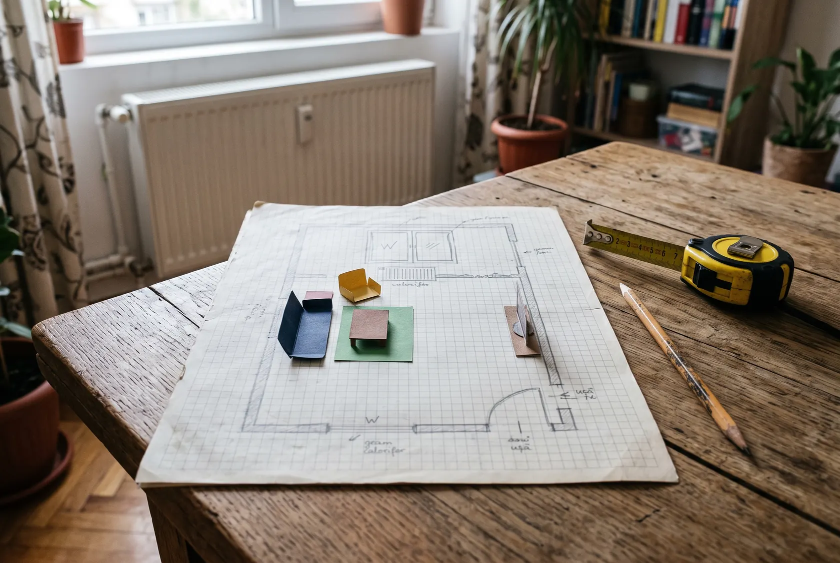 Plan de living desenat pe hârtie milimetrică, cu siluete de mobilier din hârtie, ruletă și creion