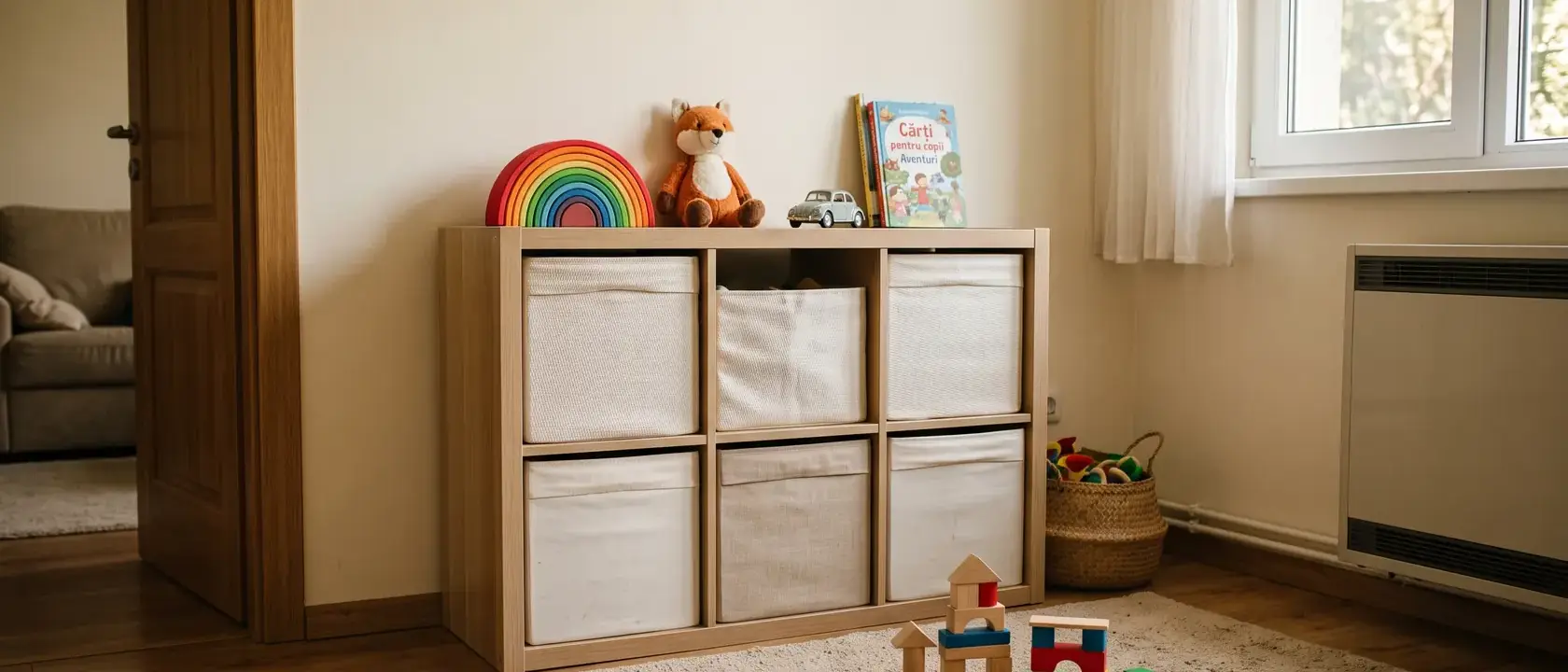 Raft jos cu cuburi și cutii textile, câteva jucării la vedere și covor de joacă în fața lui