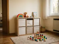 Raft jos cu cuburi și cutii textile, câteva jucării la vedere și covor de joacă în fața lui