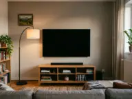 Televizor montat pe perete deasupra unei comode joase, cu centrul ecranului la nivelul ochilor persoanei așezate